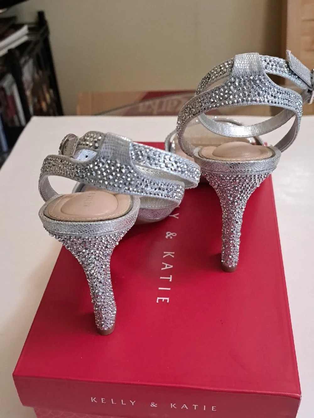 Kelly & Katie Silver Rhinestone Ankle-Strap Heels